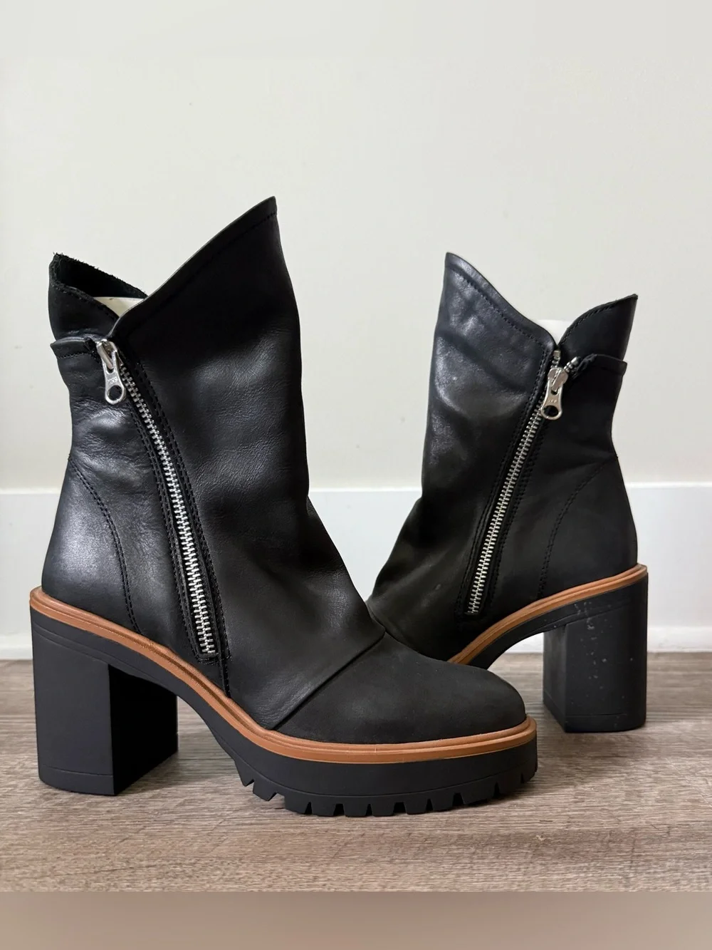 Free People Black Leather Zip Platform Ankle Boots with Tan Trim